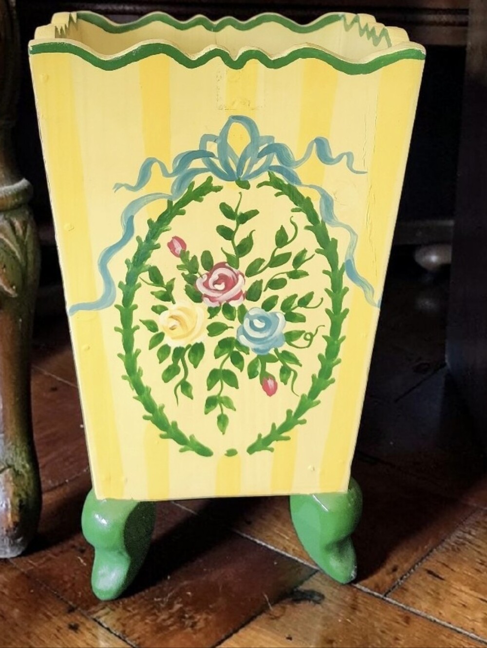 Hand-Painted Yellow Floral Accent Planter with Green Legs